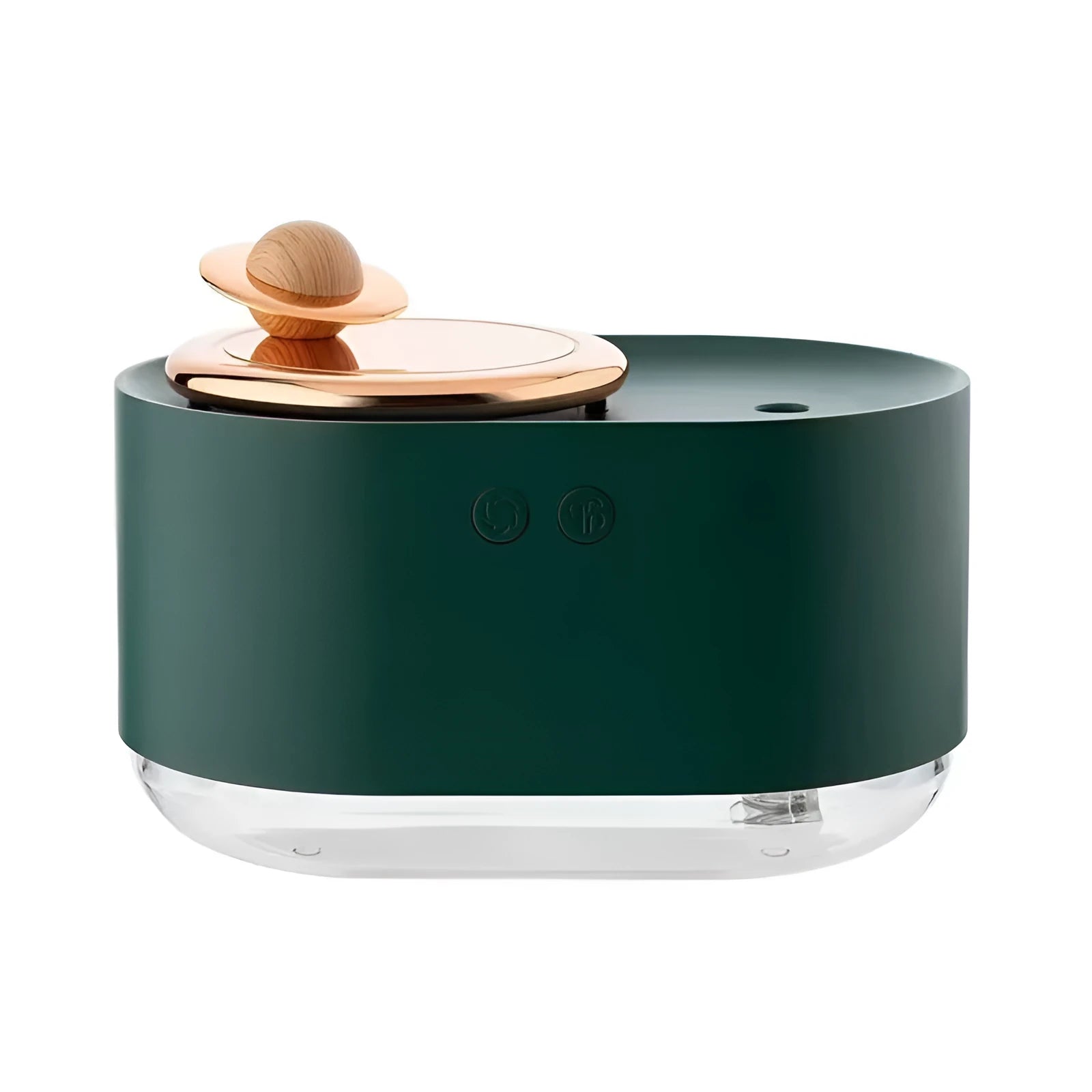 Rotating planet desktop humidifier with night light in green colour showing USB charging port and water tank
