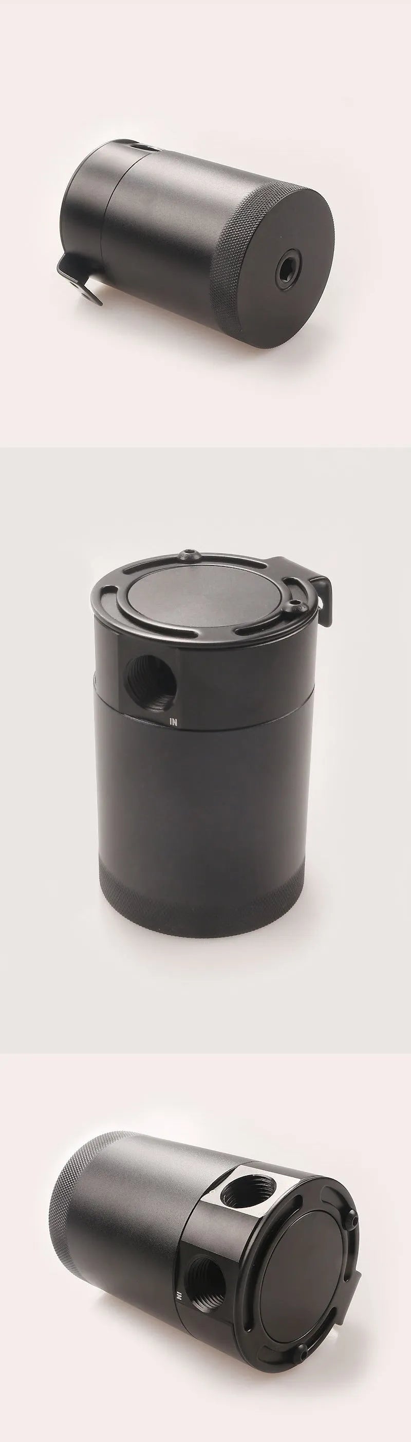 Black automotive aluminium oil pot with two-hole design and optional drain valve for workshop use
