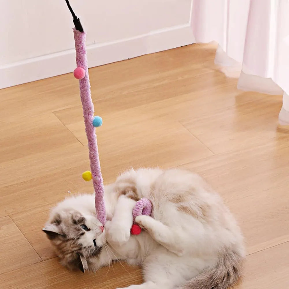 Cat wand toy with colourful plush strip and bell attachment on 41cm pole