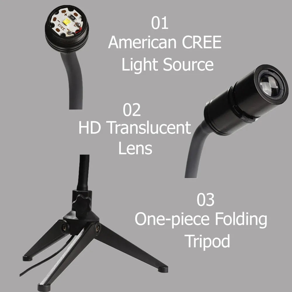 Earth and moon projection night light with flexible hose bracket on a bedside table.