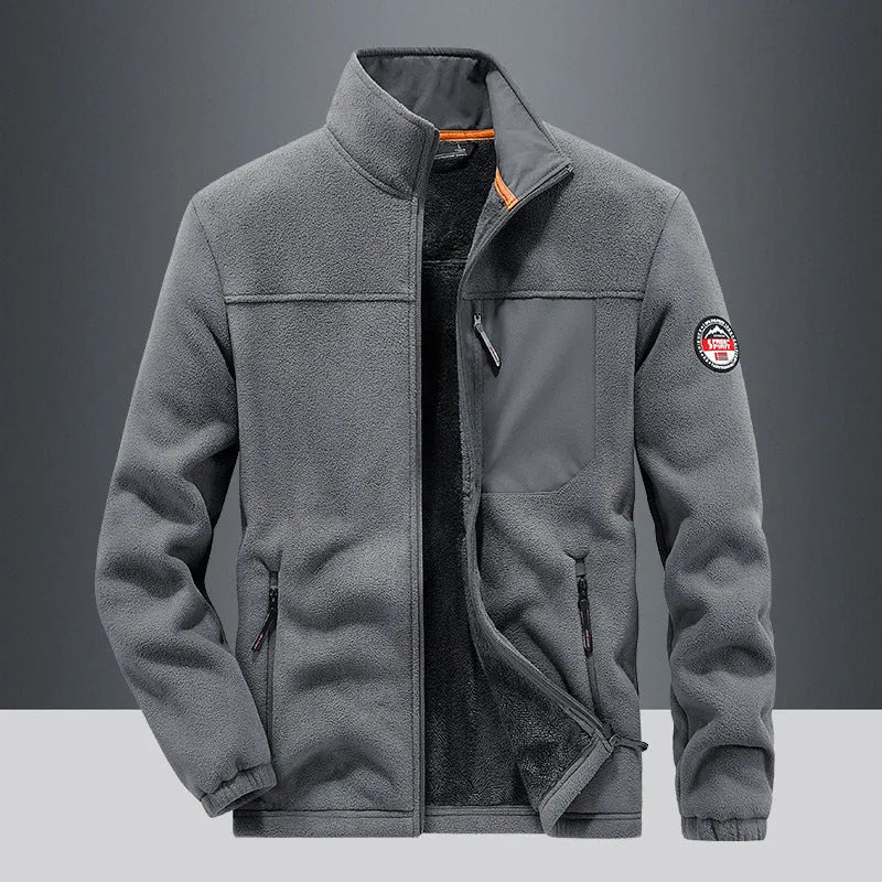 Men's grey fleece cardigan jacket with zipper pockets and regular length cut