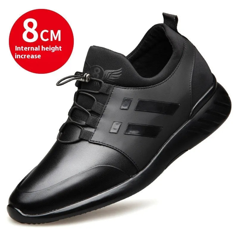 Men's black casual height increase shoes with round toe and chunky heel in leather, Lycra or mesh options