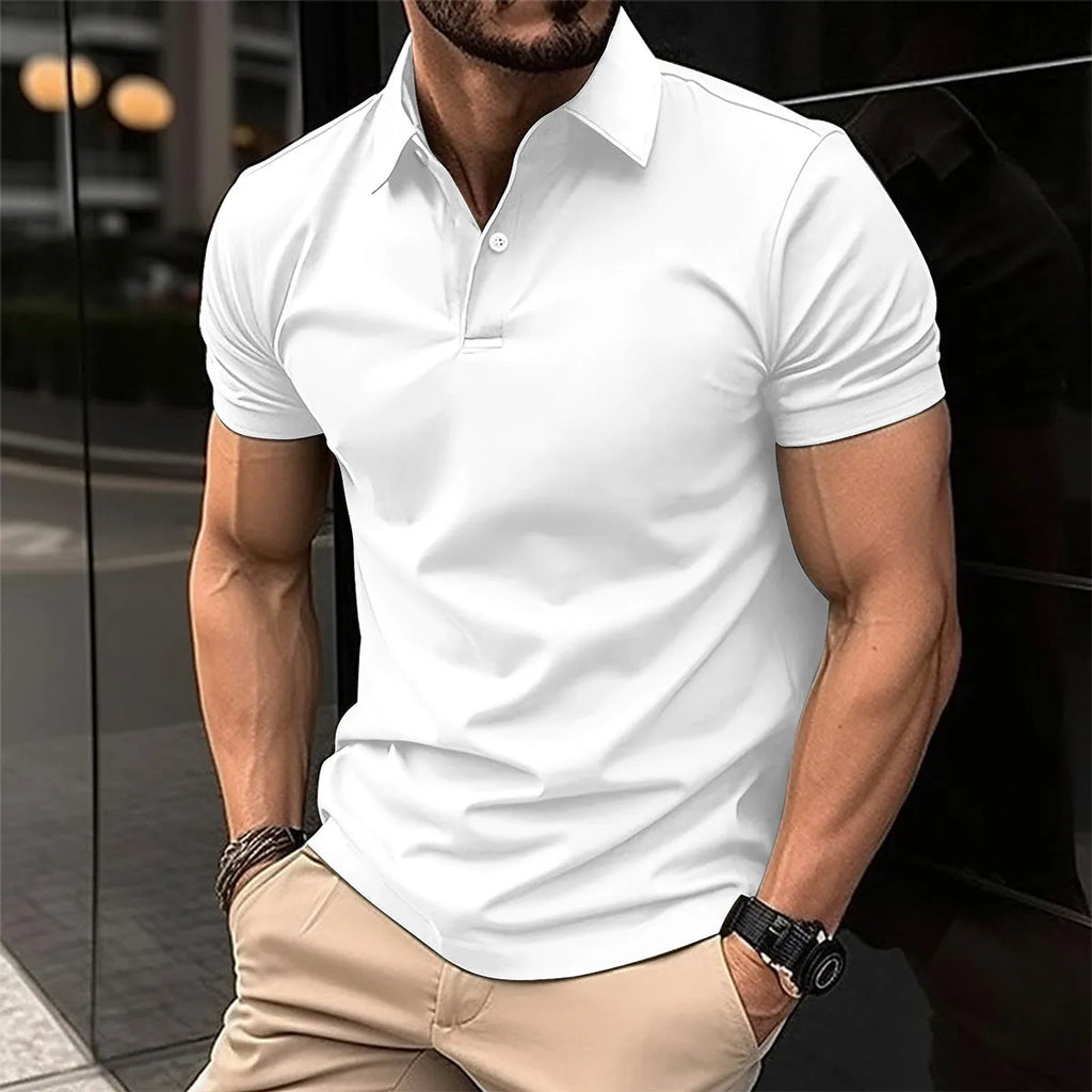 Men's solid colour short sleeve polo shirt with button lapel, shown in a selection of available colours.