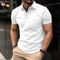 Men's solid colour short sleeve polo shirt with button lapel, shown in a selection of available colours.