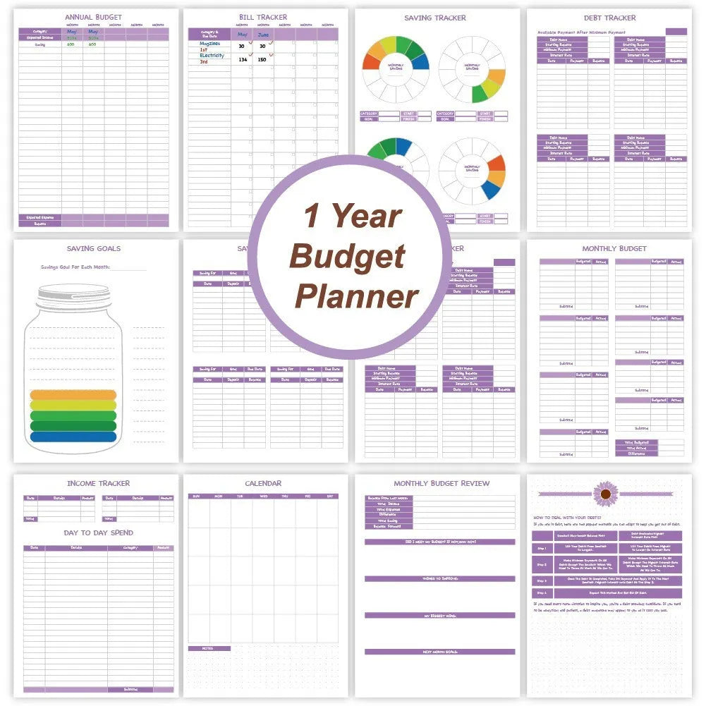Purple coil-bound financial planning notebook with budget stickers and paper clips