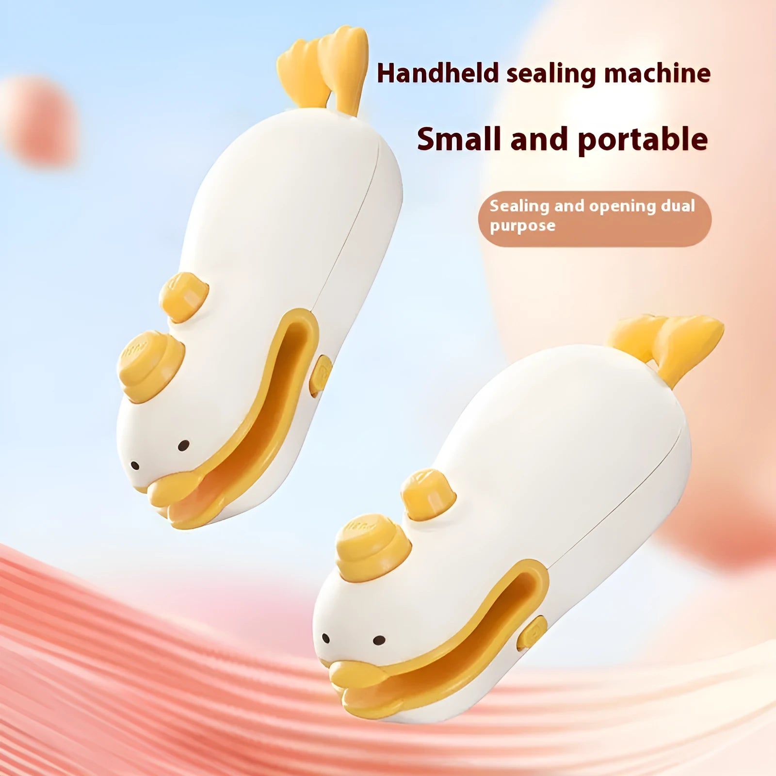 Small yellow duck animal jacquard design rechargeable handheld sealing machine with USB charging cable.