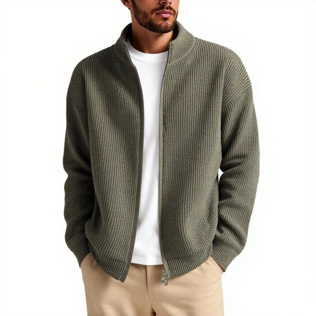 Loose-fitting men's cardigan sweater in a chemical fibre blend, shown in a neutral colour.