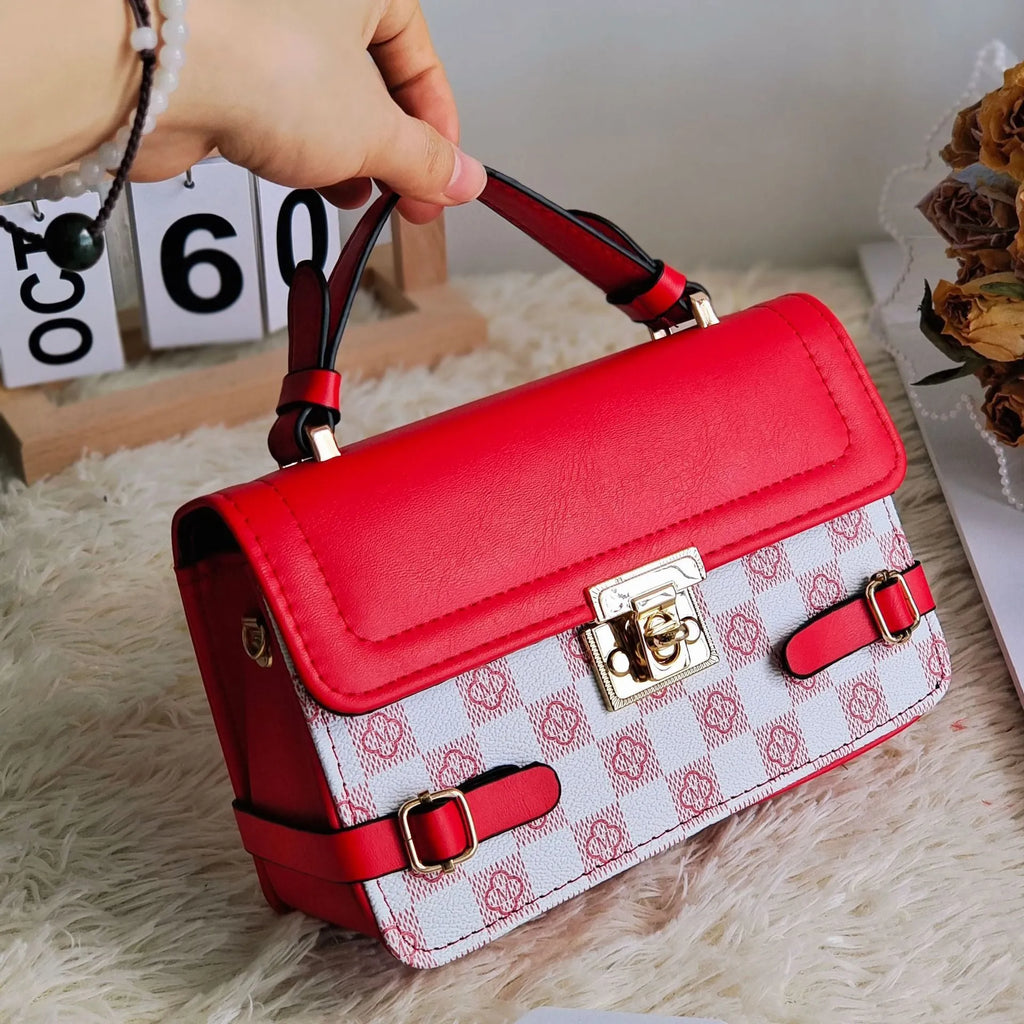 Retro square crossbody bag with ethnic floral stitch patterns and horizontal suitcase shape