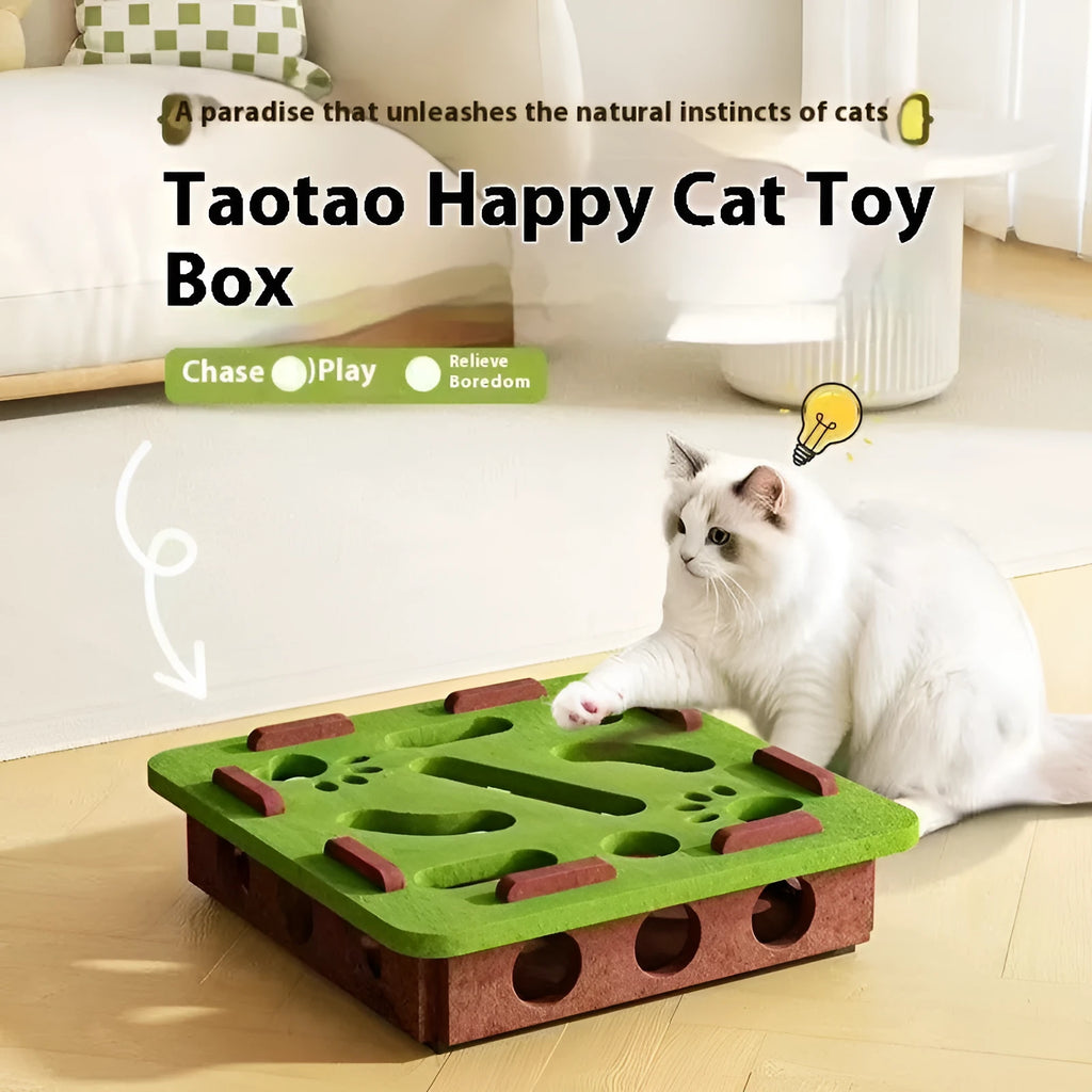 Square felt cat toy with artifact holes in green brown colour measuring 30cm