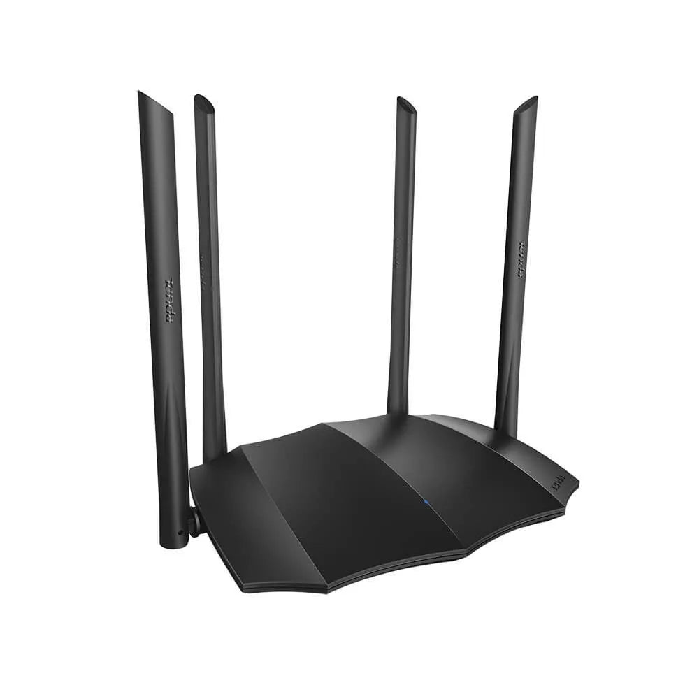 Dual-band wireless router with multiple antennas and gigabit Ethernet ports on the rear panel.