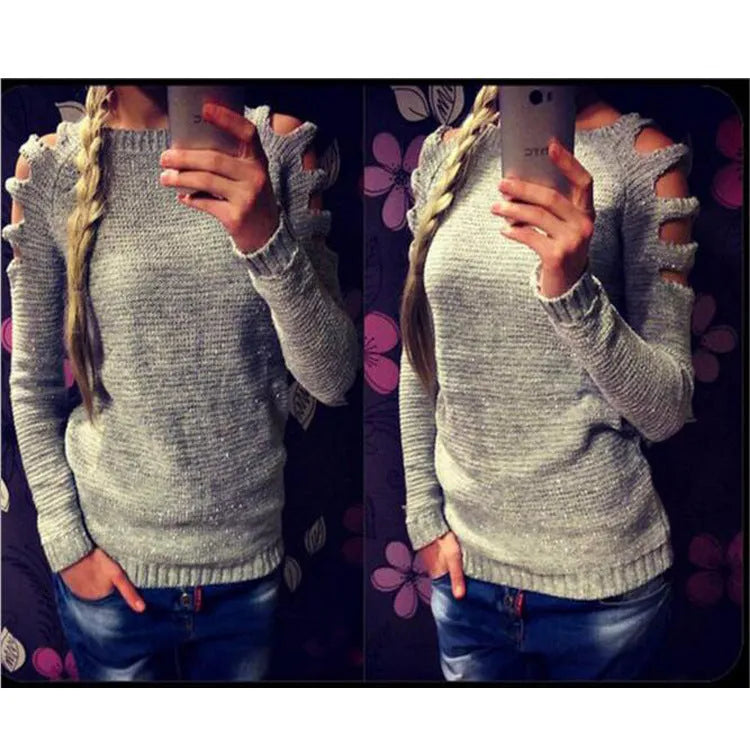 Women's white knitted pullover shirt with a crocheted hollow-out pattern and round neck.
