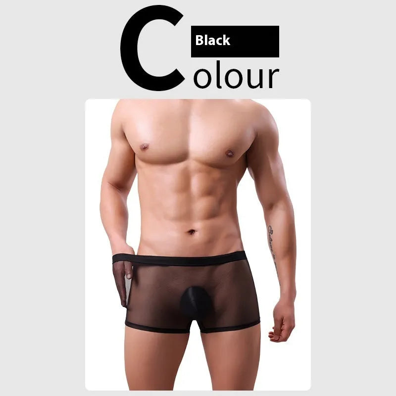 Men's mesh boxer briefs in black, white, green, pink, sapphire blue, and skin colour with low waist design