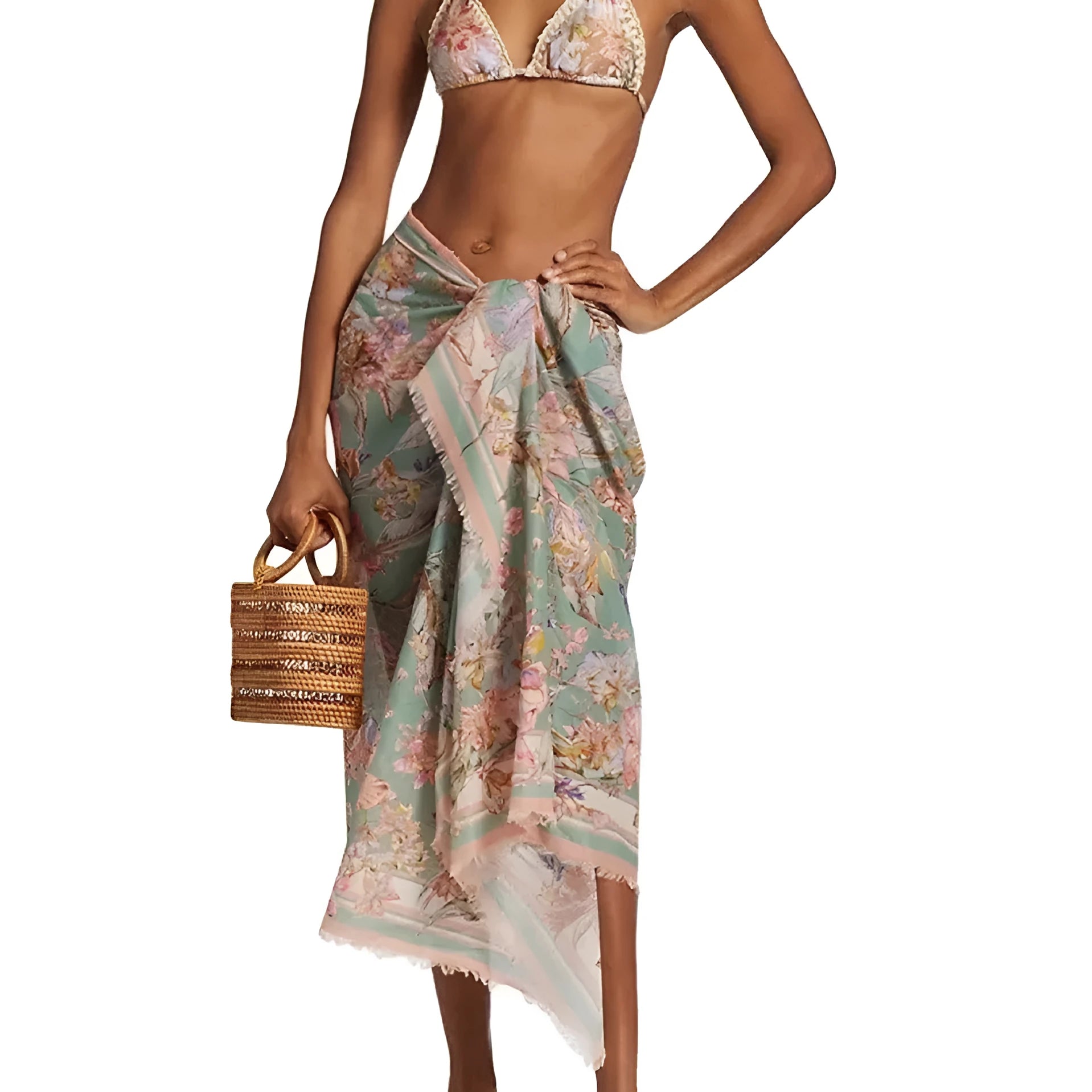 Women's floral bikini swimsuit set with removable skirt in creamy-white beige colour