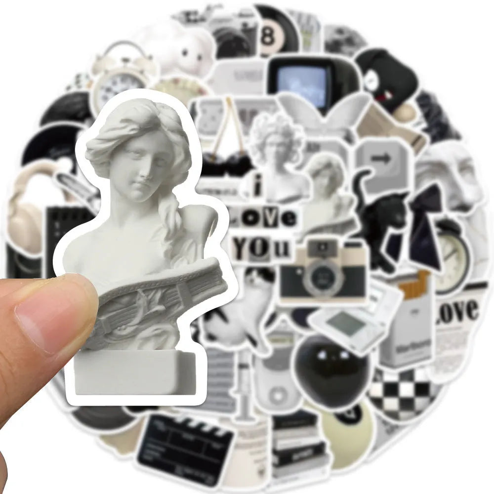 61 black and white PVC waterproof stickers for laptops, phones, and luggage