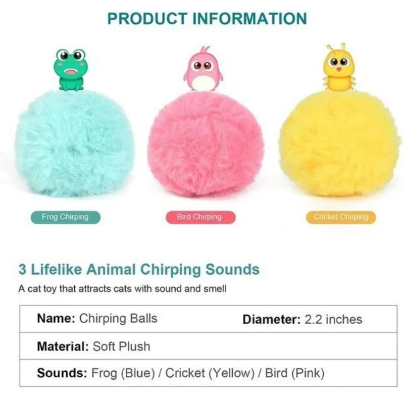 Interactive cat toy ball producing animal sounds when touched, available in blue, pink, and yellow