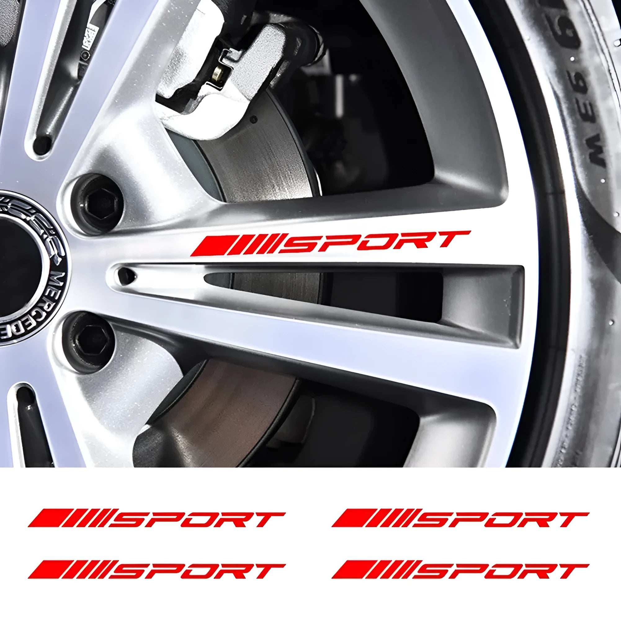 Hollow pattern sports design car rim stickers in black, red, and white colours
