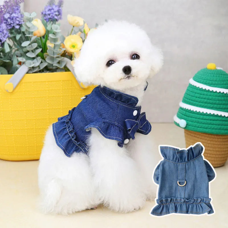 Blue denim dog dress with ruffles and leash hooks on chest and back in dark and light blue colours