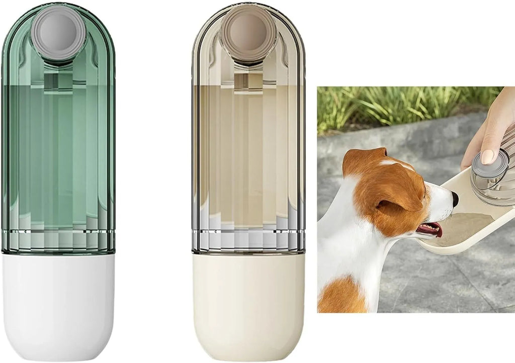 Beige foldable dog water bottle with a press-button dispenser and a small food container at the base.