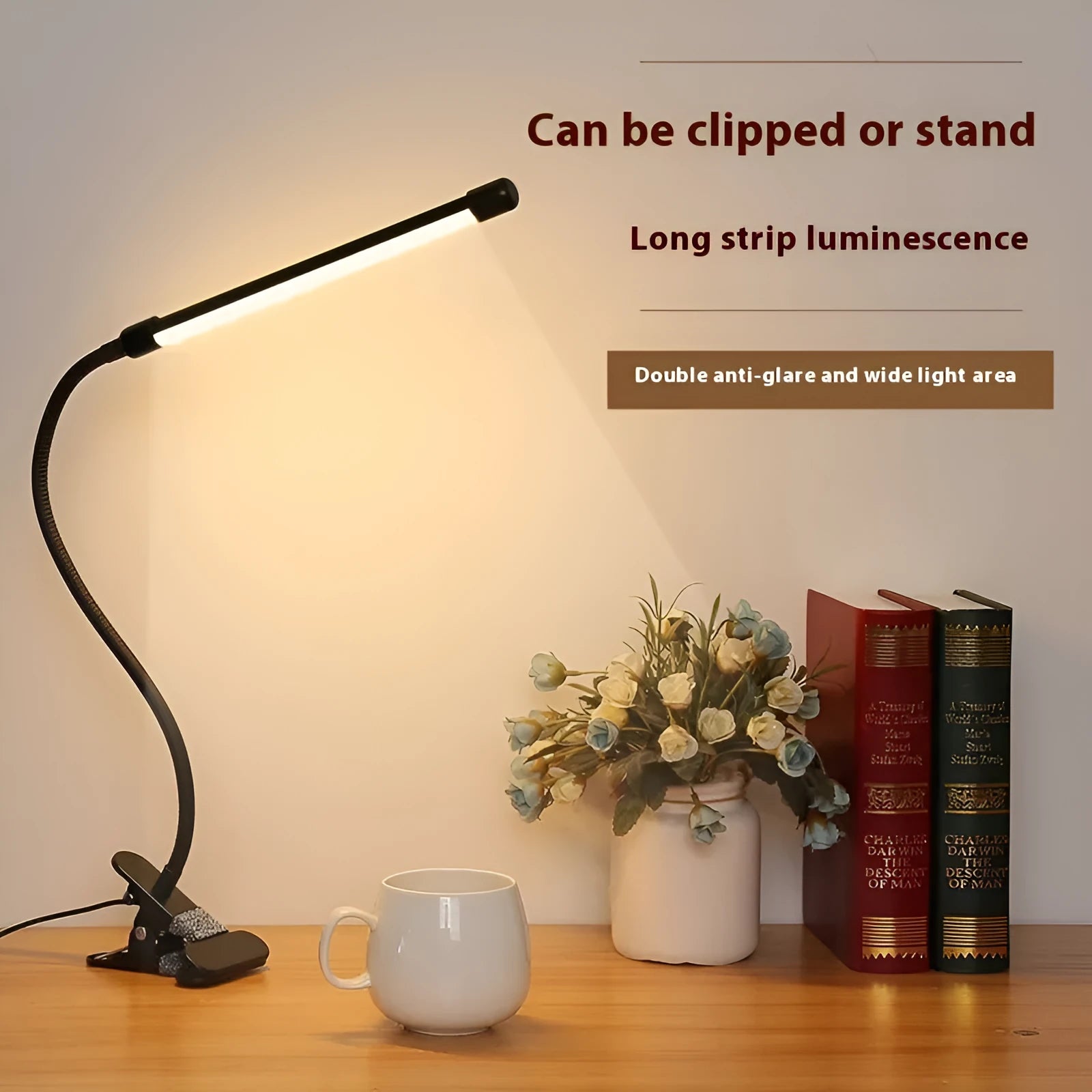 Black and white USB LED desk lamp with 26cm length for student dormitory study lighting