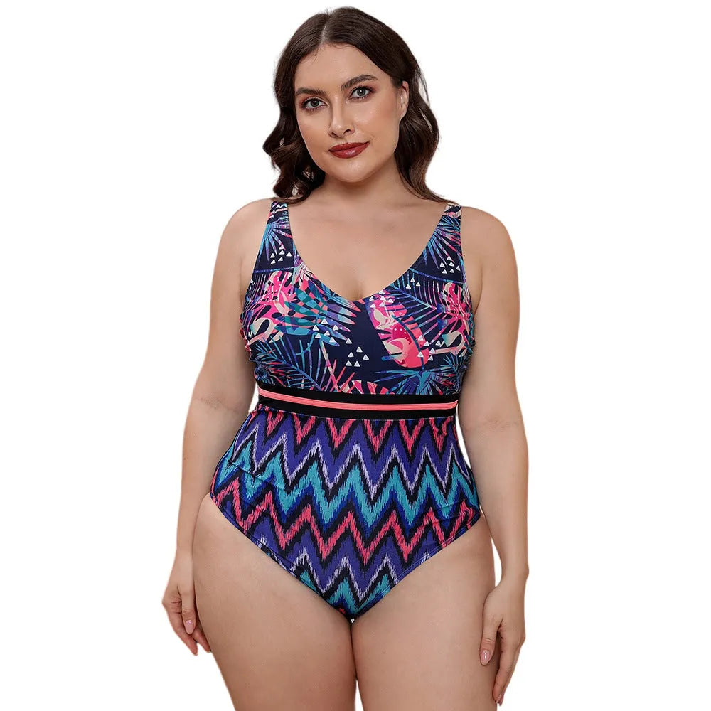 Women's striped vest-style one-piece swimsuit with spaghetti straps and printed pattern