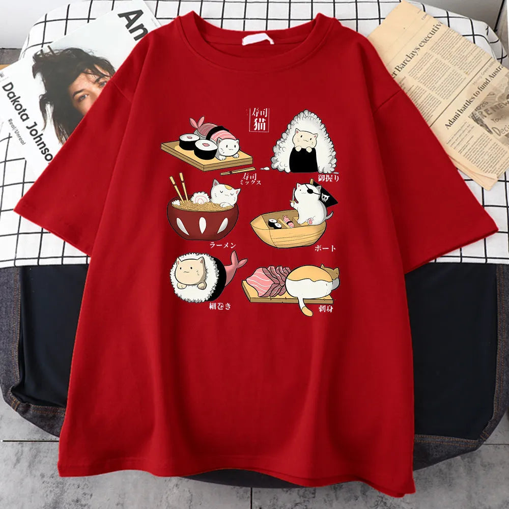Men's black cotton T-shirt with printed cat sushi cartoon design, short sleeves, loose fit