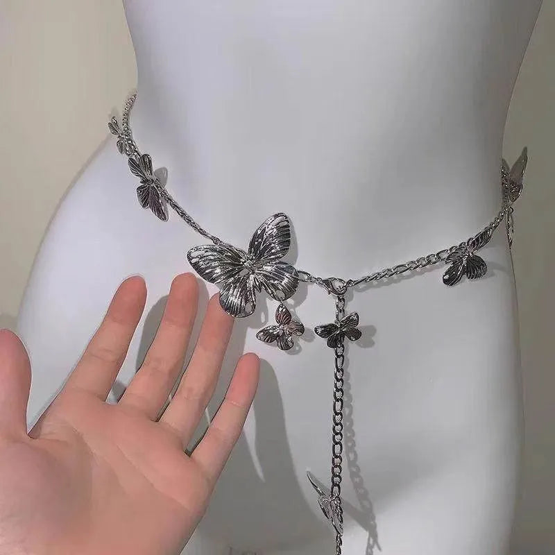 Women's gold butterfly waist chain alloy accessory with 104cm length on model