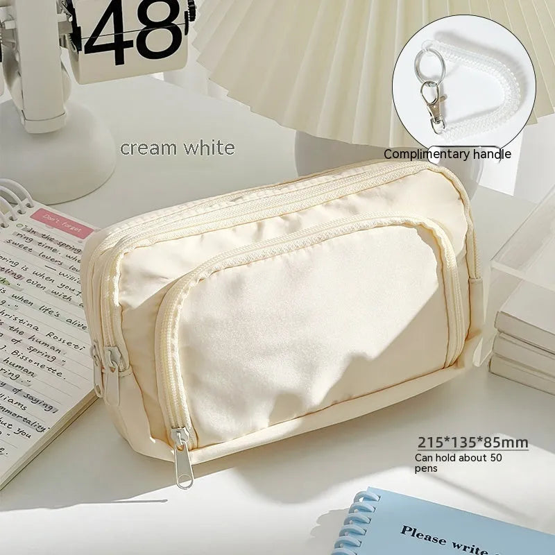 Double layer pencil case in solid colour with gift handle for stationery storage