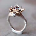 Silver two-tone alloy ring with floral and geometric design for women, showing UK size options.