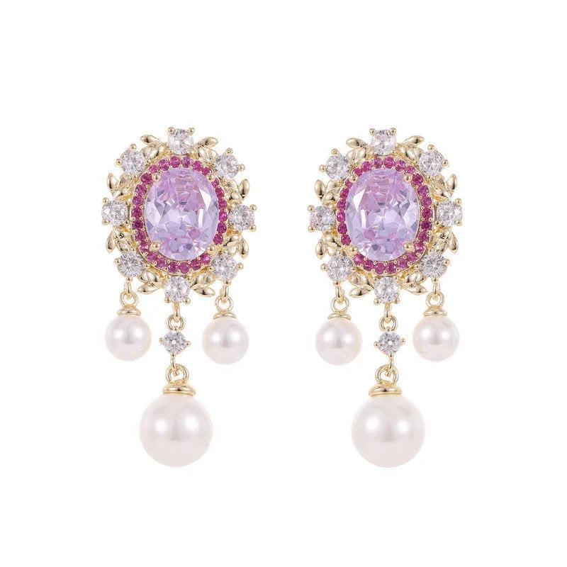 Geometric oval pearl tassel earrings with zircon detailing in light purple colour