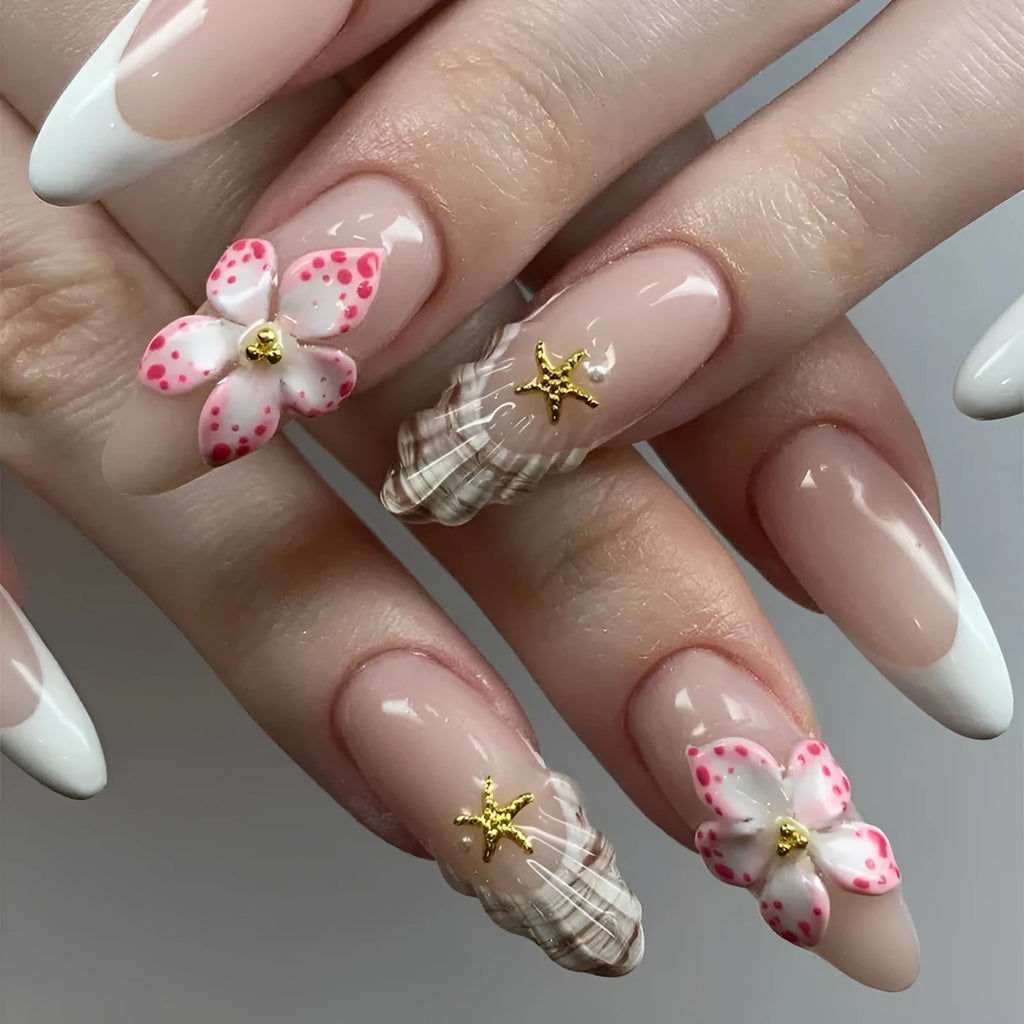 French style press-on fake nails with simple flower patterns on transparent bases, W1764 design