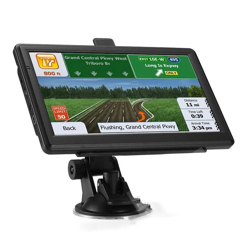 7 inch car GPS navigation device with HD touchscreen display mounted in vehicle
