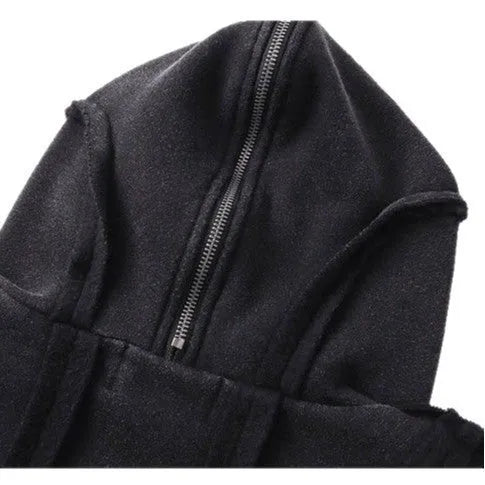 Black loose zip hooded coat with abstract pattern and padding