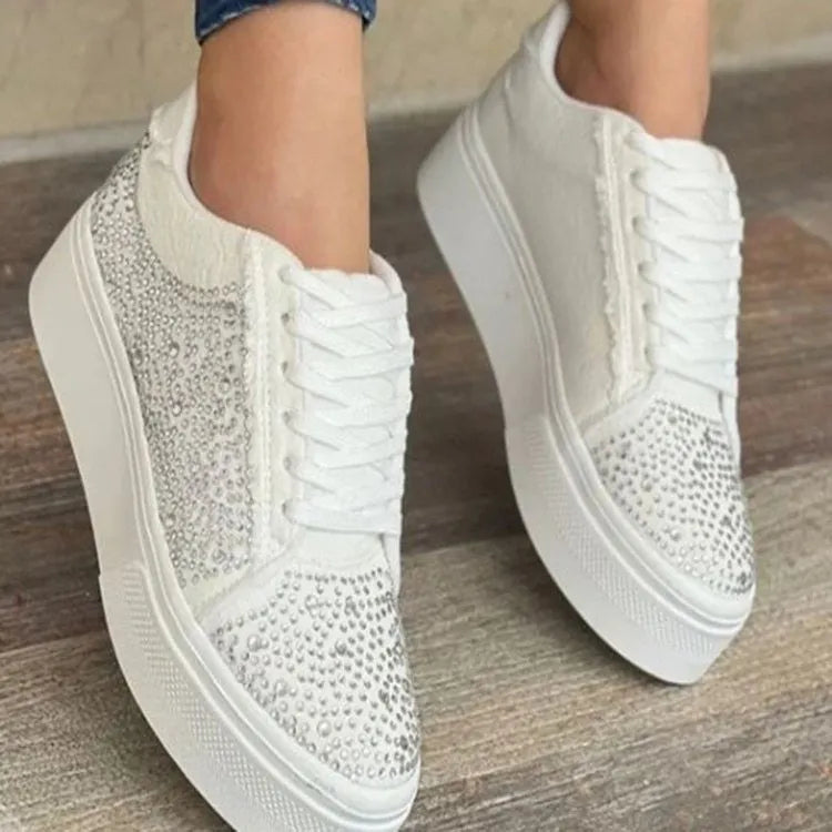 Plus size women's rhinestone casual pumps with thick flat heels in black, blue, white, or red