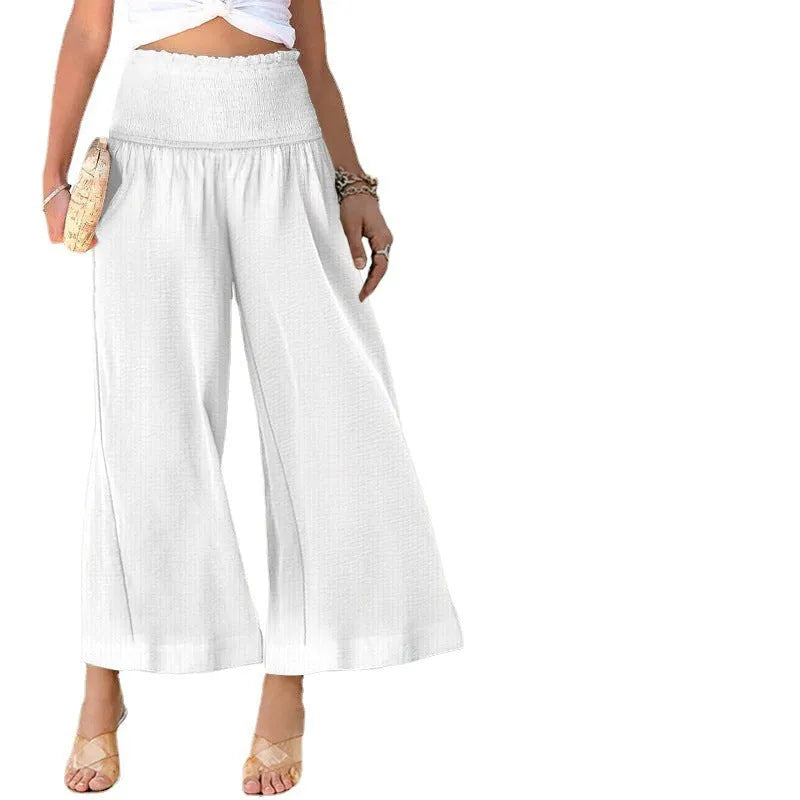 Women's high waist pleated trousers in cotton linen blend, cropped straight-leg style