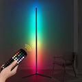 Black smart RGB floor lamp with remote control showing coloured lighting effects