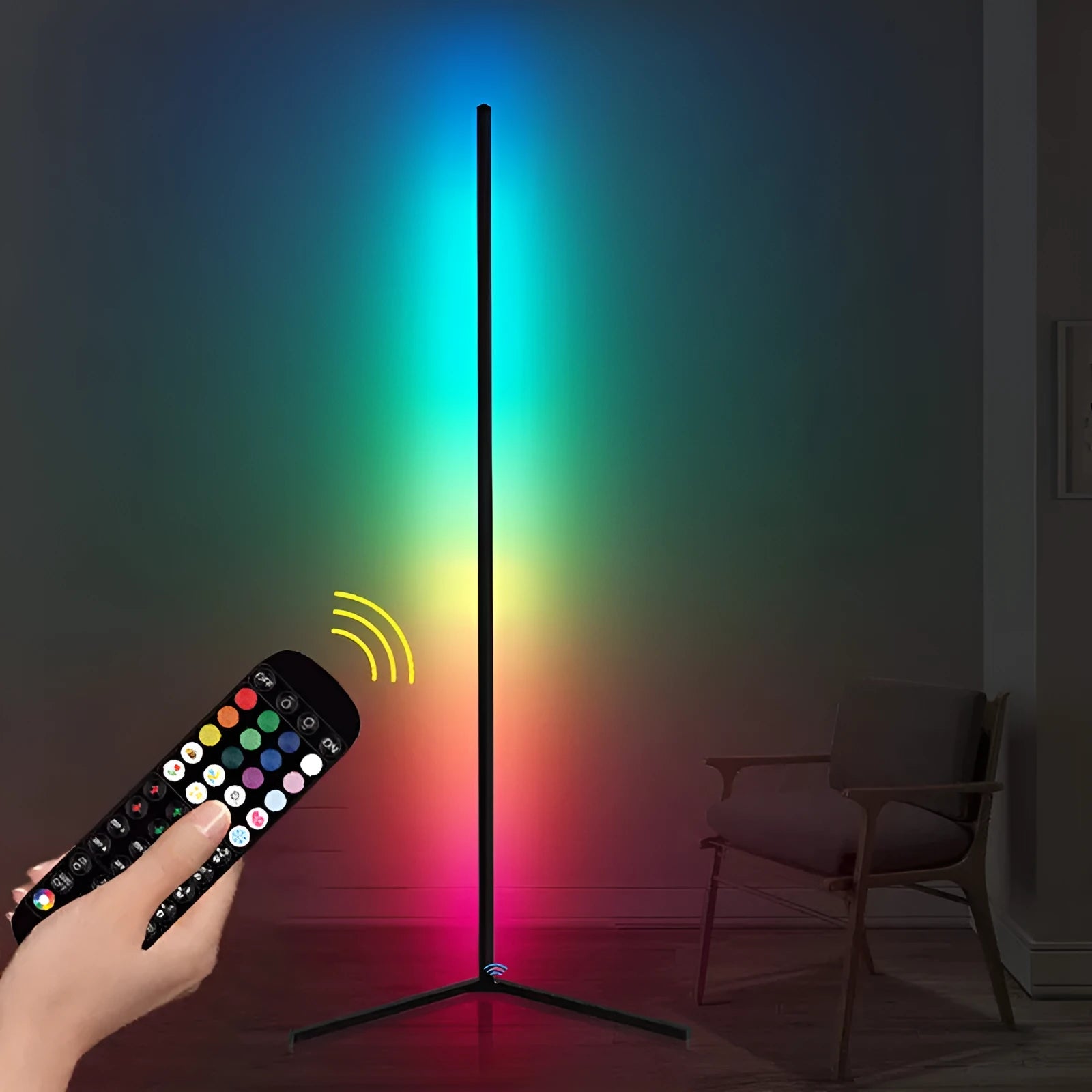 Black smart RGB floor lamp with remote control showing coloured lighting effects