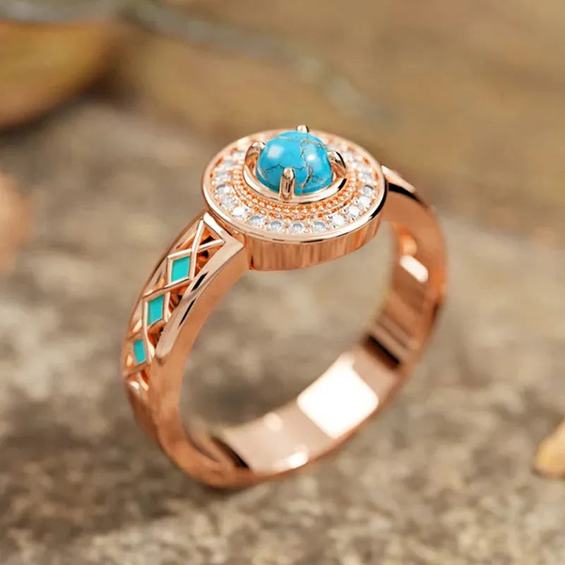 Women's turquoise ethnic style copper ring with oil micro inlaid zircon geometric design in rose gold colour