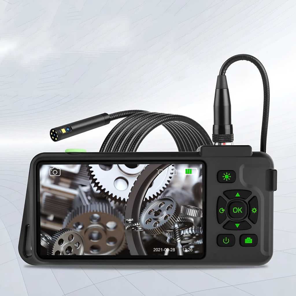 Handheld industrial endoscope with 4.5-inch screen and a 5.5mm camera probe on a 1-metre cable for pipeline inspection