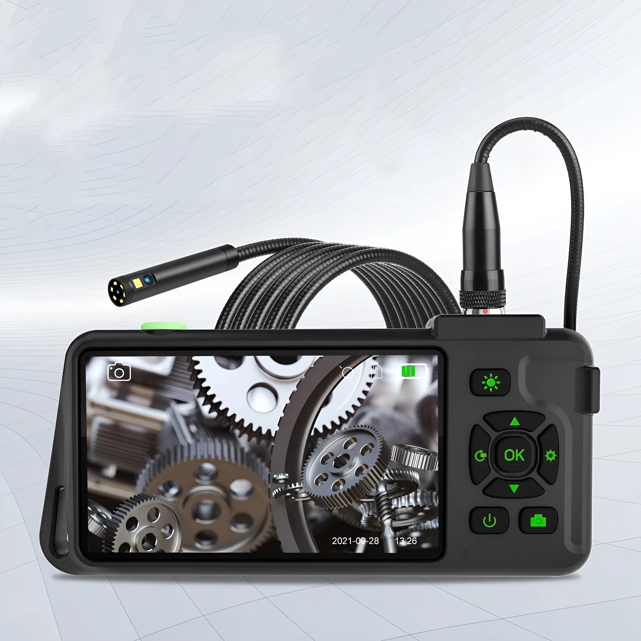 Handheld industrial endoscope with 4.5-inch screen and a 5.5mm camera probe on a 1-metre cable for pipeline inspection