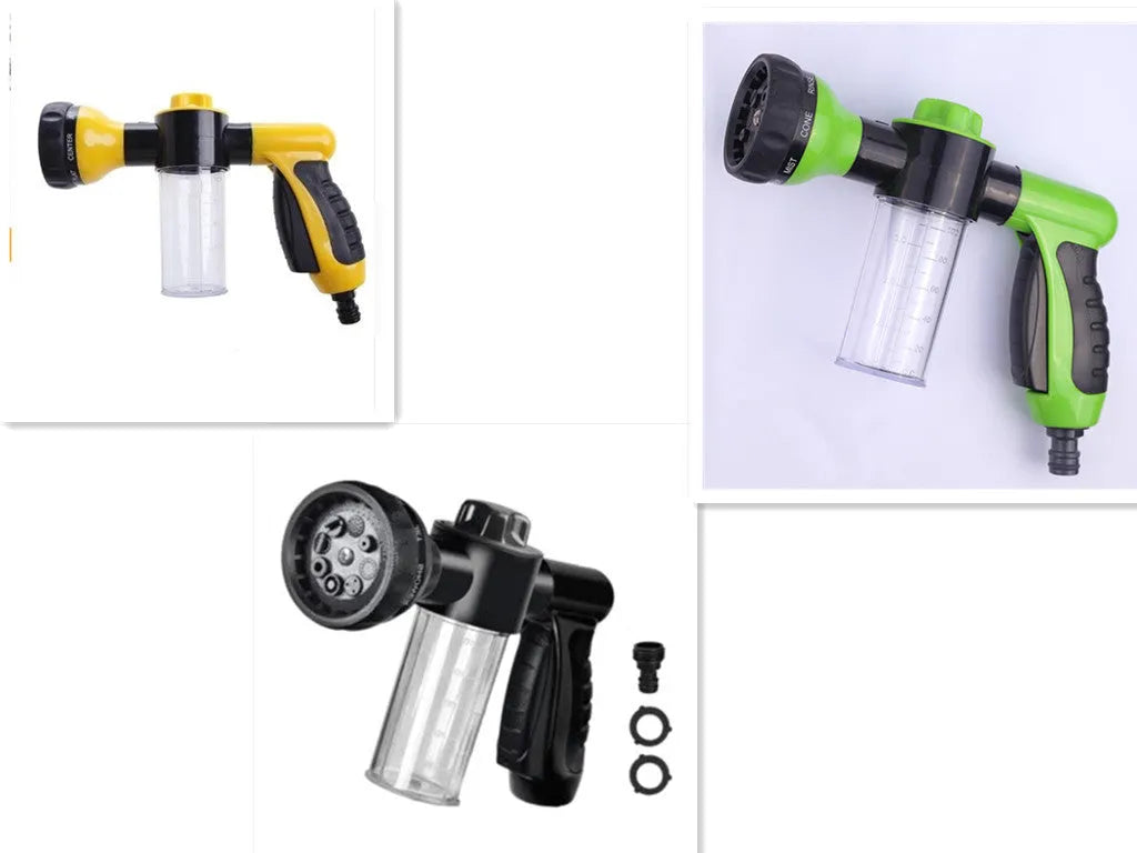 Green high-pressure foam spray water gun with adjustable nozzle for car and garden cleaning.