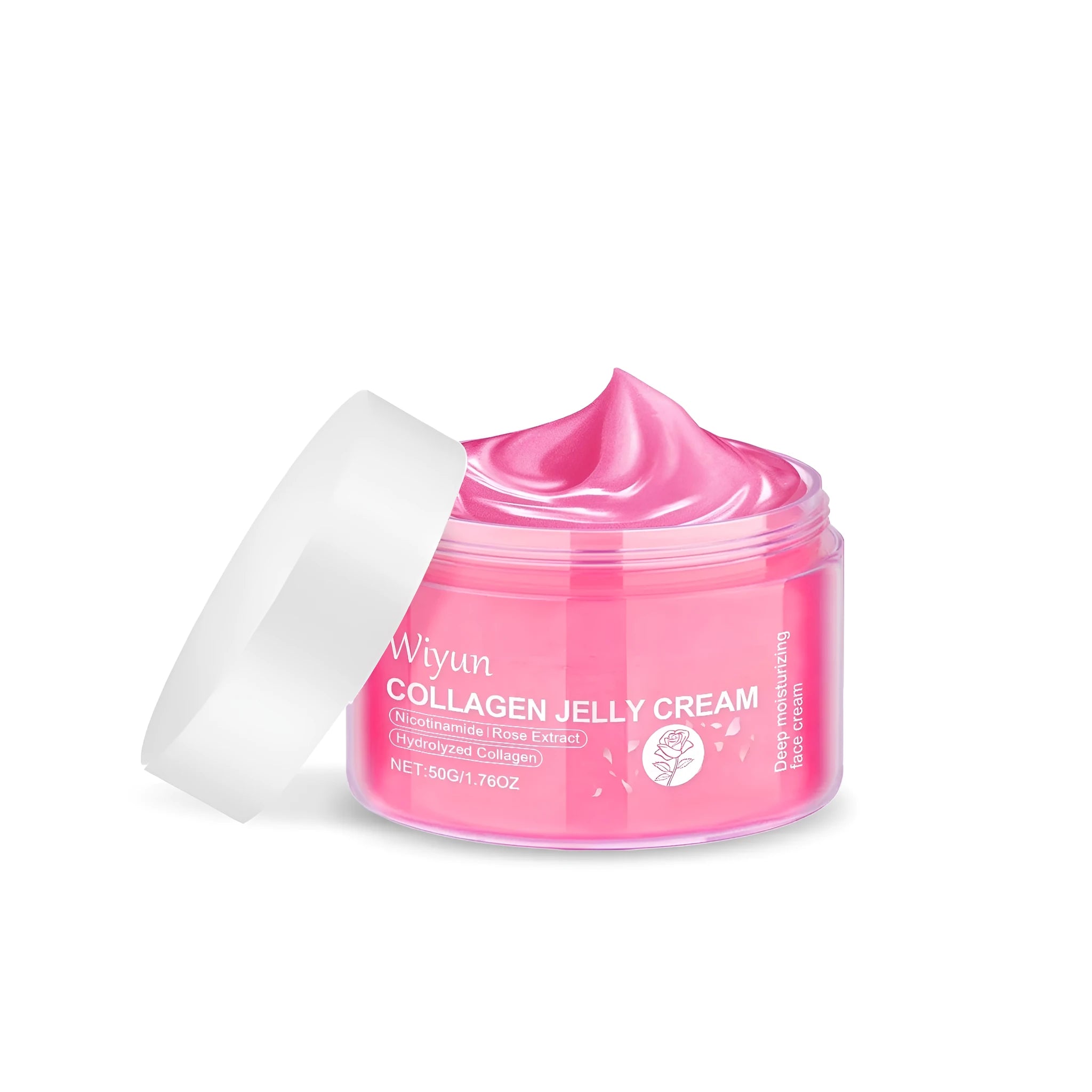 50g jar of collagen rose jelly cream with gel-based texture for facial moisturising