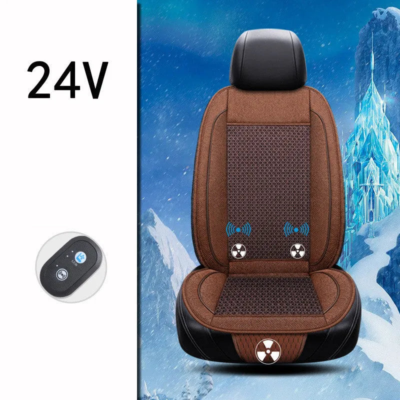 Black square car ventilation seat cushion with massage, showing power cord for 12V or 24V connection.