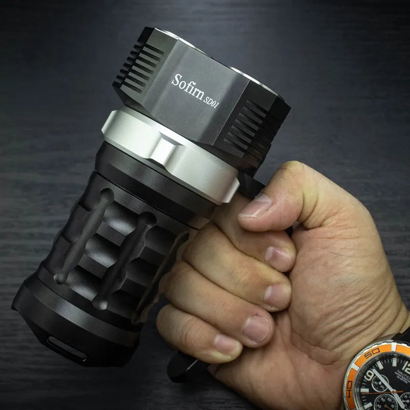 Aluminium alloy diving tube flashlight shown with scale, highlighting its 18cm length and robust construction.
