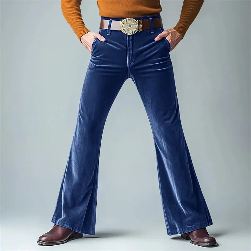 Men's gold velvet slim flared suit trousers in polyester blend fabric