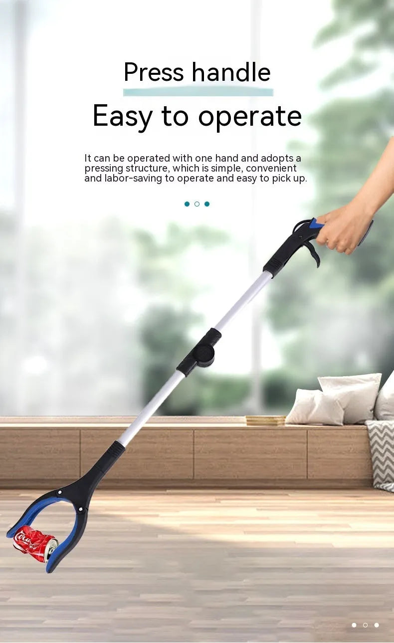 Folding aluminium rubbish clamp with extended arm and magnetic pick-up head in blue handle colour