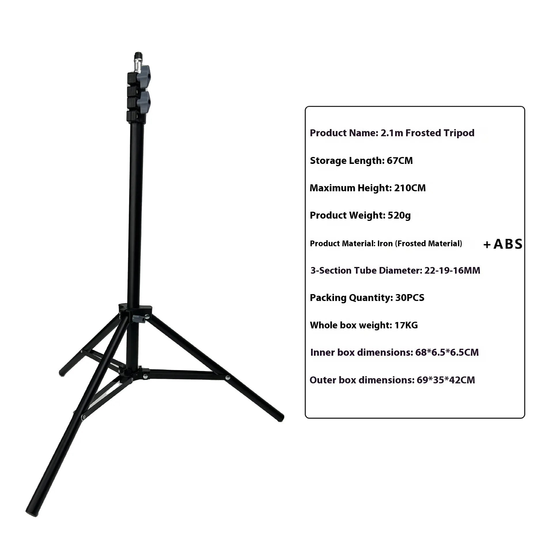 Tripod light stand with mobile phone holder showing adjustable height and frosted legs