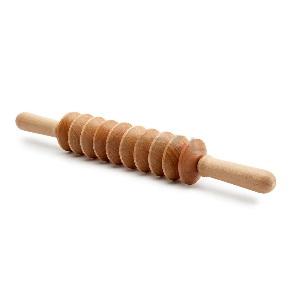 A selection of natural beechwood massage rollers including T-shaped and multi-wheel designs on a wooden surface.