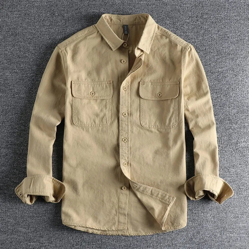Men's loose fit long sleeve cardigan-style shirt in light grey, made from polyester fibre.