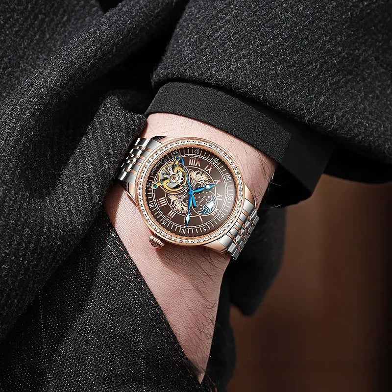 Men's waterproof mechanical watch with stainless steel case and multiple colour strap options