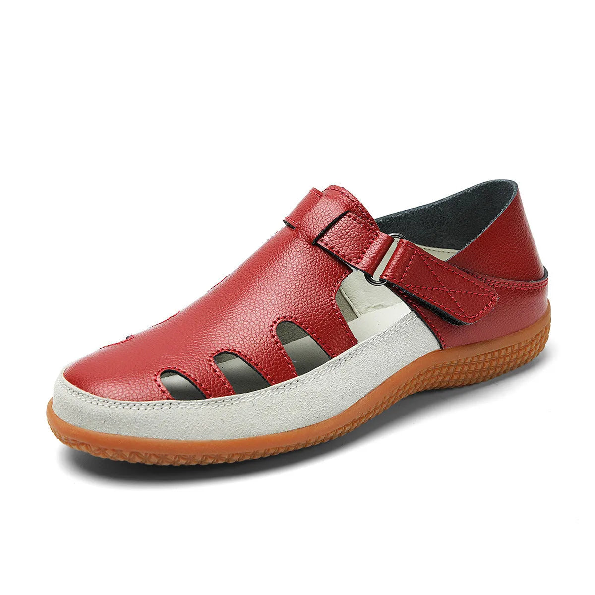 Blue plus size women's flat sandals with hollow-out design and toe cap on a thick rubber sole.
